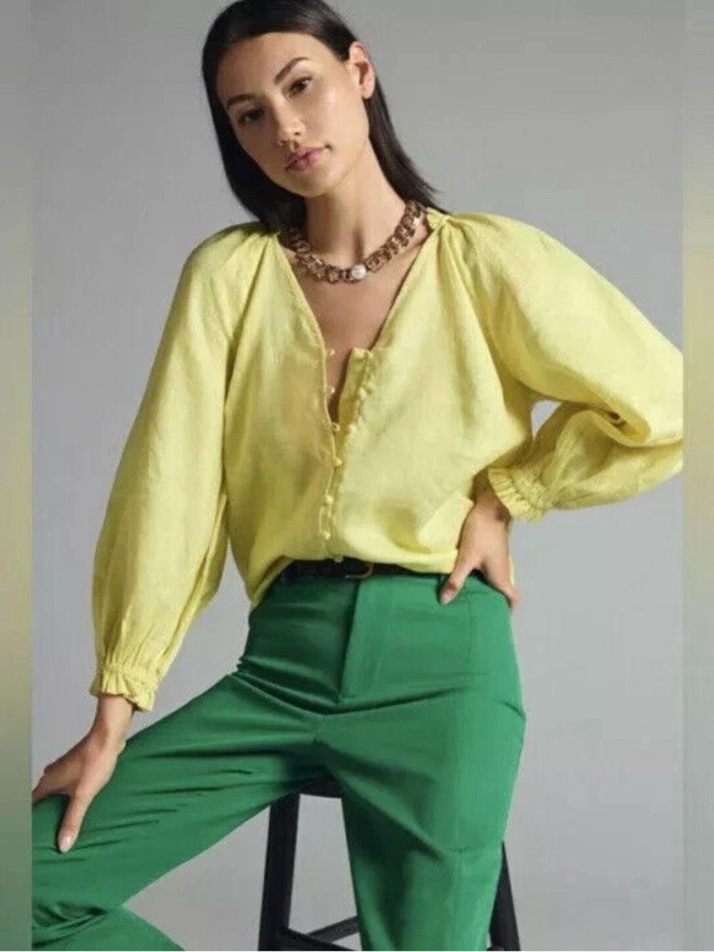 Anthropologie Lemon Yellow Ruffle-Neck Button Blouse Women’s Size L